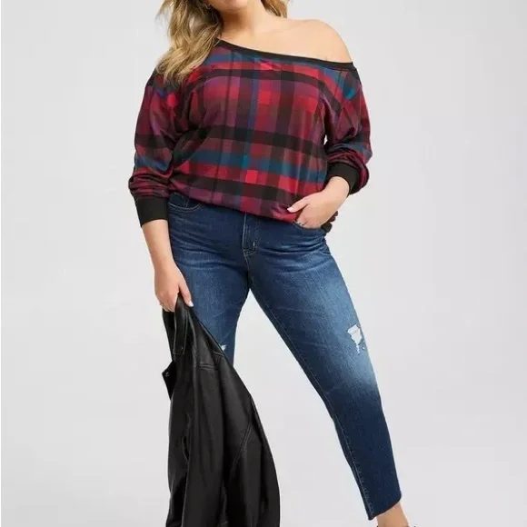 NWT Torrid Red Plaid Off-Shoulder French Terry Top – Size 1 - Picture 2 of 6